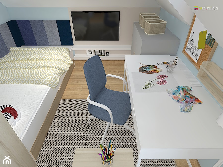DOM NA ŚLĄSKU CIESZYŃSKIM - Mały biały niebieski pokój dziecka dla dziecka dla nastolatka dla chłopca dla dziewczynki, styl nowoczesny - zdjęcie od Studio Architektury Wnętrz "rychtownia"