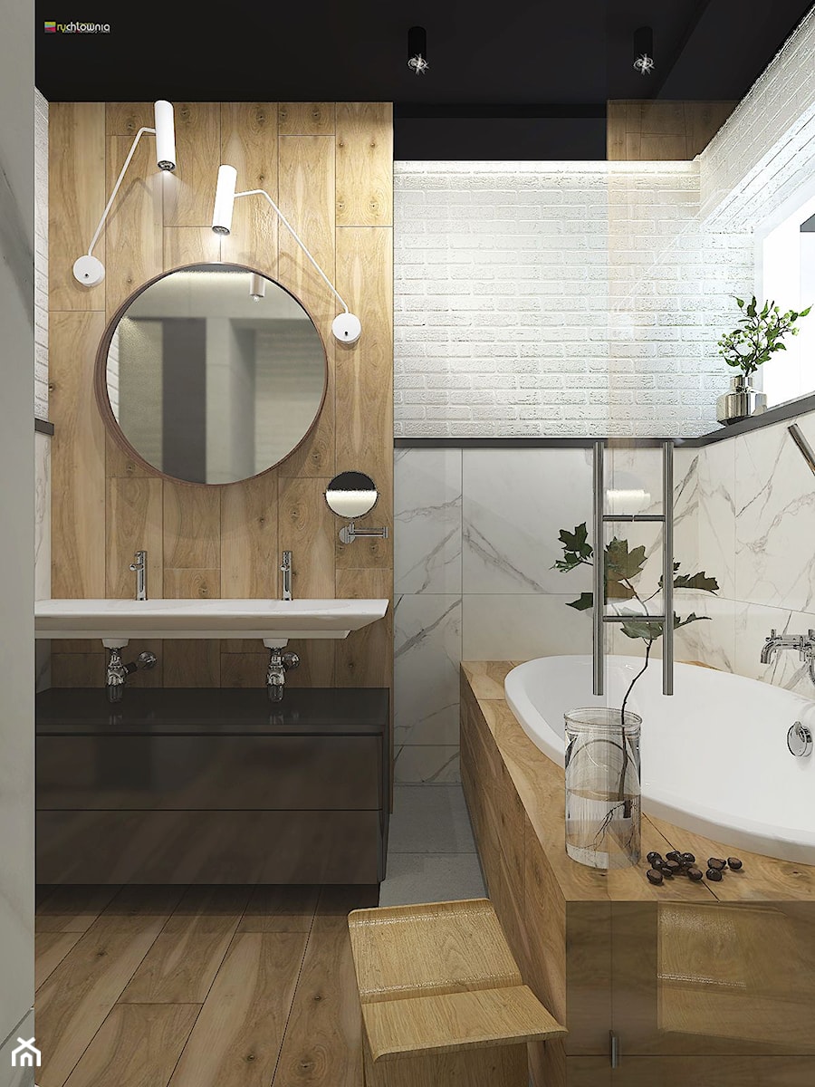 DĄBROWSKA BATHROOM - Średnia bez okna z lustrem z dwoma umywalkami z punktowym oświetleniem łazienka, styl nowoczesny - zdjęcie od Studio Architektury Wnętrz "rychtownia"