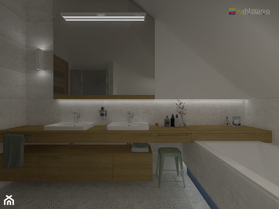 DOM NA ŚLĄSKU CIESZYŃSKIM - Duża na poddaszu z lustrem z dwoma umywalkami łazienka, styl nowoczesny - zdjęcie od Studio Architektury Wnętrz "rychtownia"