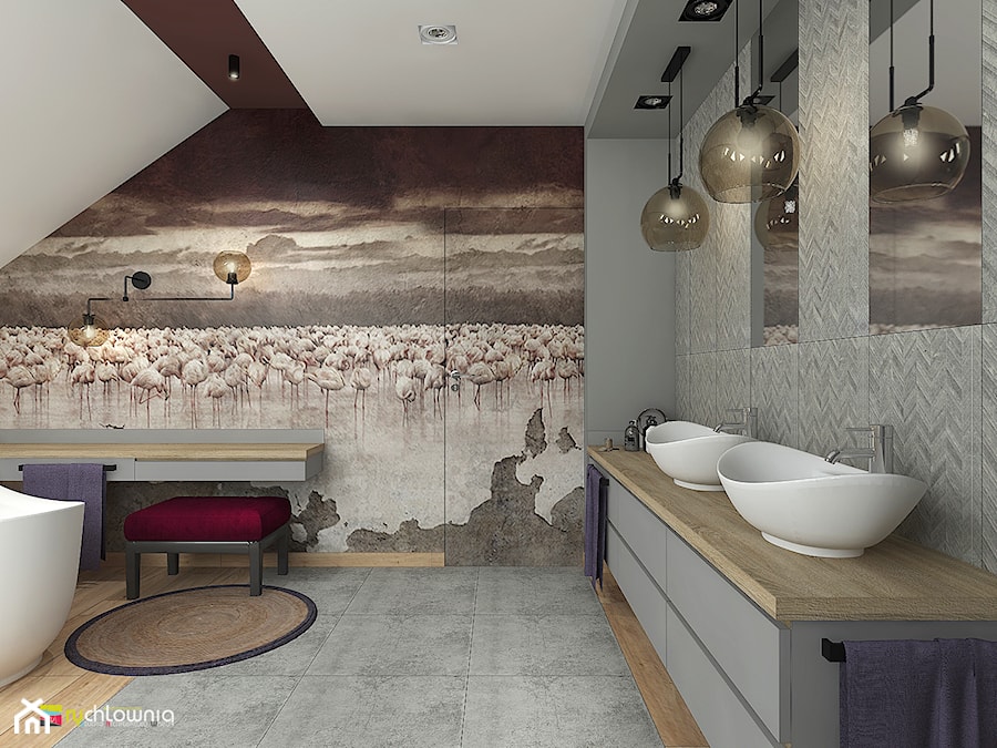 LUXURY BATH - Duża na poddaszu bez okna z lustrem z dwoma umywalkami z punktowym oświetleniem łazienka, styl nowoczesny - zdjęcie od Studio Architektury Wnętrz "rychtownia"