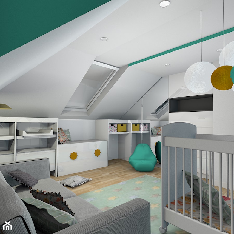 projekt domu w Sidzinie - Średni biały zielony pokój dziecka dla niemowlaka dla chłopca dla dziewczynki, styl skandynawski - zdjęcie od Creative Interior