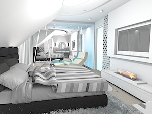 projekt domu w Sidzinie - Duża biała szara sypialnia na poddaszu z balkonem / tarasem, styl glamour - zdjęcie od Creative Interior