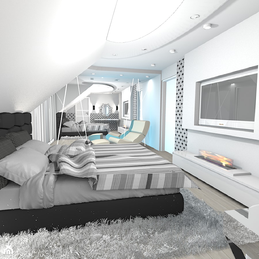 projekt domu w Sidzinie - Duża biała szara sypialnia na poddaszu z balkonem / tarasem, styl glamour - zdjęcie od Creative Interior