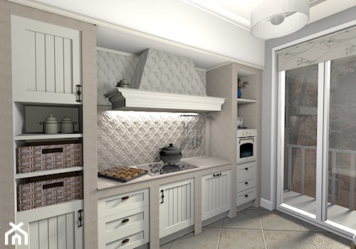 kuchnie murowane - Średnia zamknięta z kamiennym blatem szara z zabudowaną lodówką kuchnia dwurzędowa z oknem, styl prowansalski - zdjęcie od Creative Interior