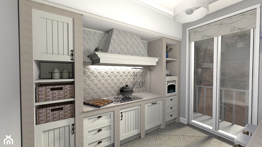 kuchnie murowane - Średnia zamknięta z kamiennym blatem szara z zabudowaną lodówką kuchnia dwurzędowa z oknem, styl prowansalski - zdjęcie od Creative Interior