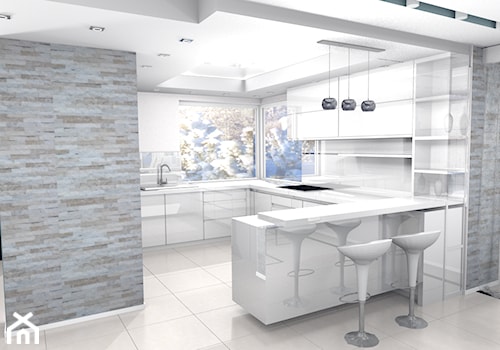 projekt domu w Sidzinie - Średnia otwarta z salonem biała szara z zabudowaną lodówką z nablatowym zlewozmywakiem kuchnia w kształcie litery g z oknem, styl nowoczesny - zdjęcie od Creative Interior