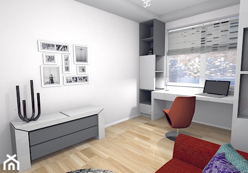 projekt domu w Sidzinie - Średnie w osobnym pomieszczeniu z sofą z zabudowanym biurkiem białe biuro, styl nowoczesny - zdjęcie od Creative Interior