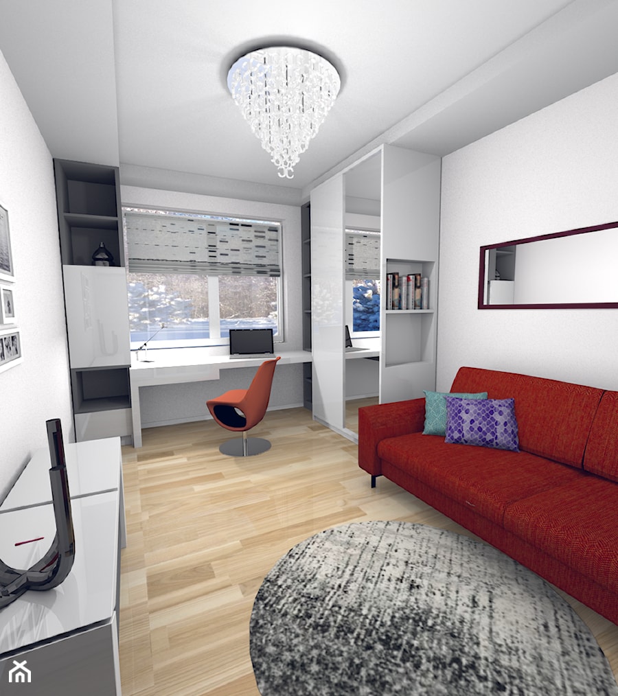 projekt domu w Sidzinie - Średnie w osobnym pomieszczeniu z sofą z zabudowanym biurkiem białe biuro, styl nowoczesny - zdjęcie od Creative Interior