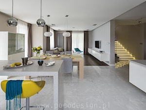 Kolorowy minimalizm - Średni szary salon z kuchnią z jadalnią - zdjęcie od Pracownia projektowa Poco Design