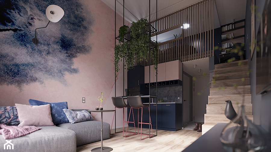 MINImum powierzchni, MAXImum funkcjonalności - konkurs - Niebieski różowy salon, styl nowoczesny - zdjęcie od Pracownia projektowa Poco Design