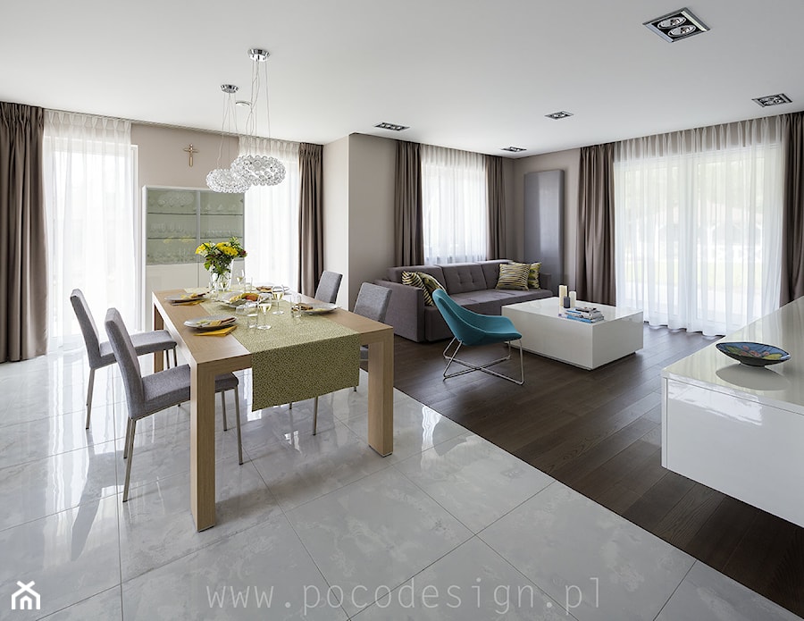 Kolorowy minimalizm - Średni szary salon z jadalnią - zdjęcie od Pracownia projektowa Poco Design