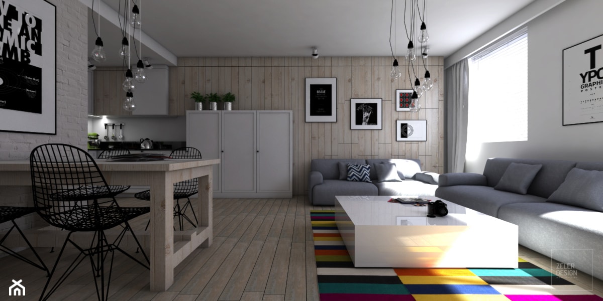 Salon połączony z kuchnią w stylu skandynawskim. - zdjęcie od ZELER-DESIGN - Homebook