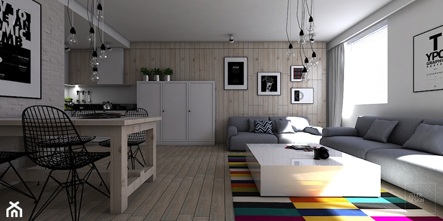 Salon połączony z kuchnią w stylu skandynawskim. - zdjęcie od ZELER-DESIGN