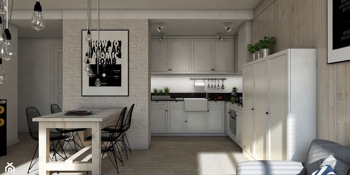 Salon połączony z kuchnią w stylu skandynawskim. - zdjęcie od ZELER-DESIGN - Homebook