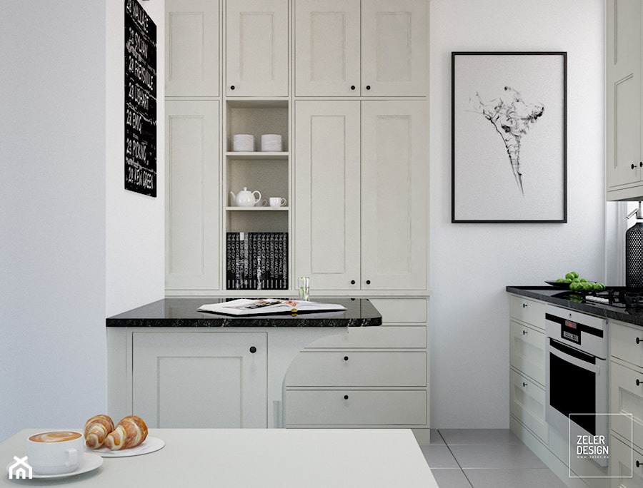 Szwecja - kuchnia. - Mała otwarta zamknięta z kamiennym blatem biała z zabudowaną lodówką kuchnia w kształcie litery g, styl skandynawski - zdjęcie od ZELER-DESIGN