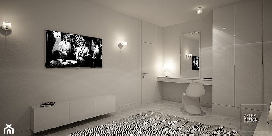 white bedroom - Duża biała szara z biurkiem sypialnia, styl nowoczesny - zdjęcie od ZELER-DESIGN