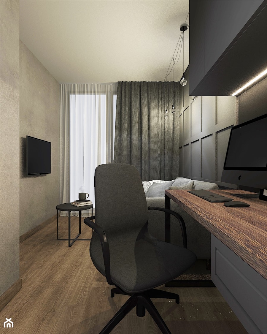 Metamorfoza 47m2 mieszkania w Centrum Warszawy - Średnie w osobnym pomieszczeniu z sofą czarne szare biuro, styl industrialny - zdjęcie od Dominika Borejza DB-wnętrze