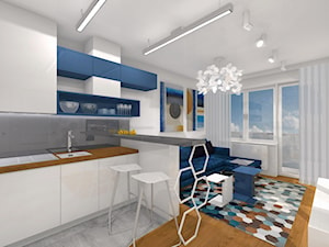 Projekt - sześciokąty - Średnia otwarta z salonem biała z zabudowaną lodówką z podblatowym zlewozmywakiem kuchnia w kształcie litery u z oknem, styl nowoczesny - zdjęcie od Alicja Dudek Pracownia Architektury Wnętrz