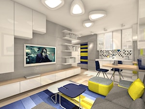 Projekt limonkowo - granatowy - Średni szary salon z kuchnią z jadalnią, styl nowoczesny - zdjęcie od Alicja Dudek Pracownia Architektury Wnętrz