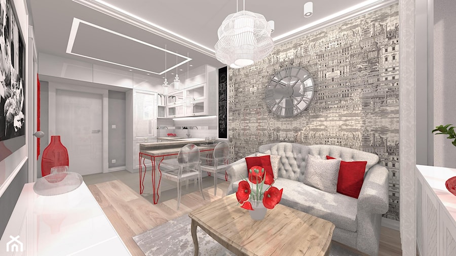 Projekt klasyczny - czerwony - Średni szary salon z kuchnią z jadalnią, styl tradycyjny - zdjęcie od Alicja Dudek Pracownia Architektury Wnętrz
