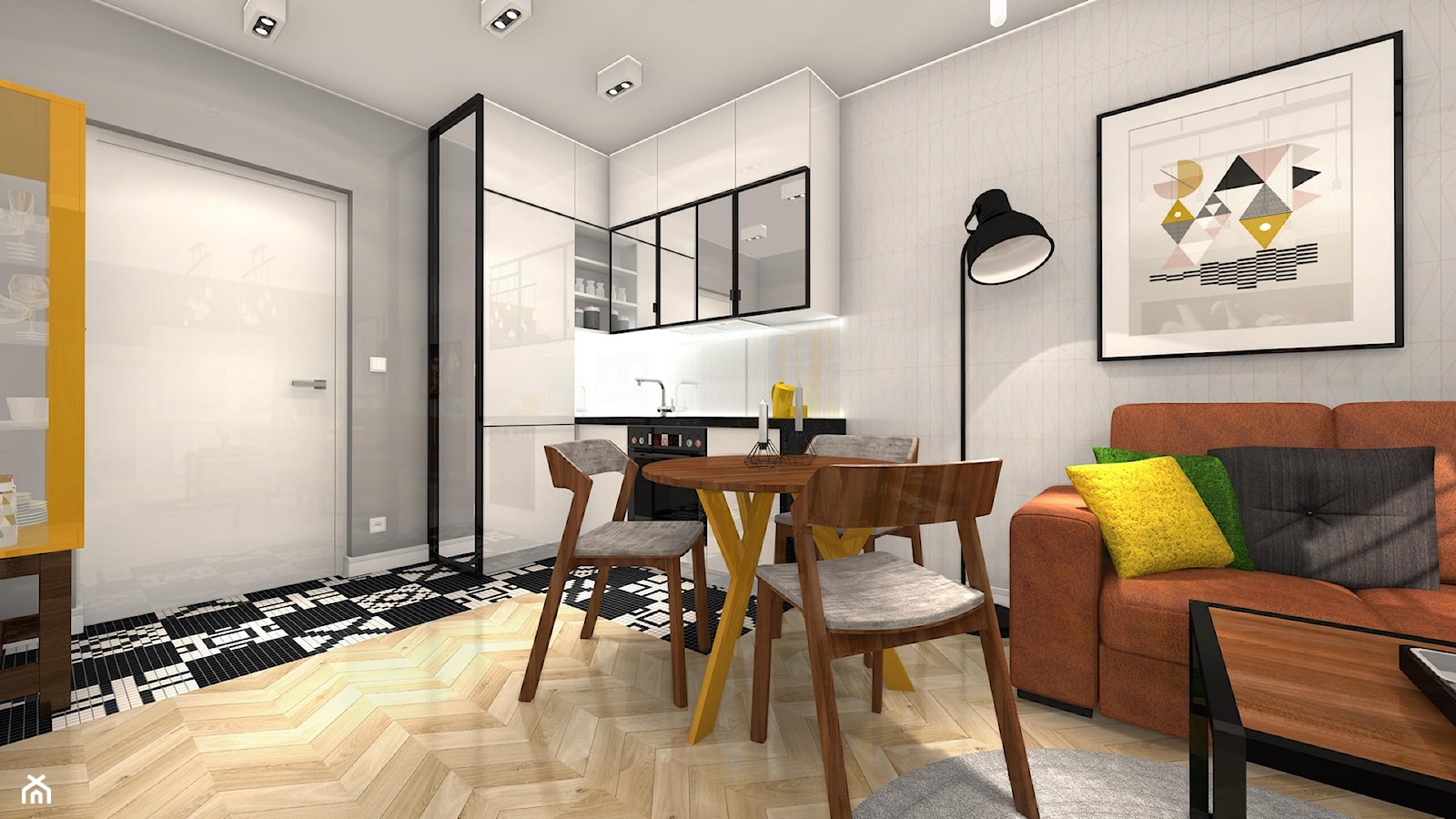 Projekt żółto-zielony - Mały szary salon z kuchnią z jadalnią, styl nowoczesny - zdjęcie od Alicja Dudek Pracownia Architektury Wnętrz - Homebook