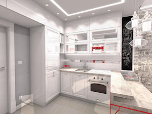 Projekt klasyczny - czerwony - Średnia otwarta z salonem biała z zabudowaną lodówką z podblatowym zlewozmywakiem kuchnia w kształcie litery l, styl tradycyjny - zdjęcie od Alicja Dudek Pracownia Architektury Wnętrz
