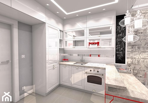 Projekt klasyczny - czerwony - Średnia otwarta z salonem biała z zabudowaną lodówką z podblatowym zlewozmywakiem kuchnia w kształcie litery l, styl tradycyjny - zdjęcie od Alicja Dudek Pracownia Architektury Wnętrz