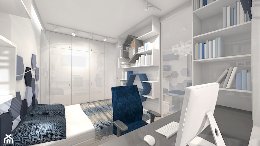 Projekt - sześciokąty - Mała szara z biurkiem sypialnia, styl nowoczesny - zdjęcie od Alicja Dudek Pracownia Architektury Wnętrz