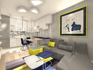 Projekt limonkowo - granatowy - Mały szary salon z kuchnią z jadalnią, styl nowoczesny - zdjęcie od Alicja Dudek Pracownia Architektury Wnętrz