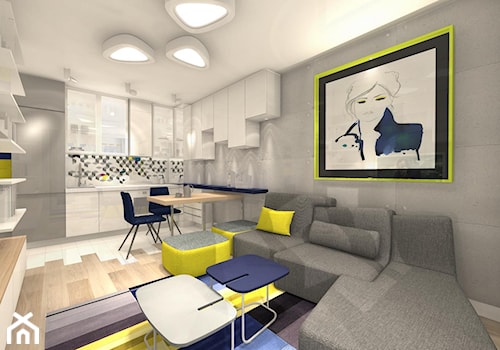 Projekt limonkowo - granatowy - Mały szary salon z kuchnią z jadalnią, styl nowoczesny - zdjęcie od Alicja Dudek Pracownia Architektury Wnętrz