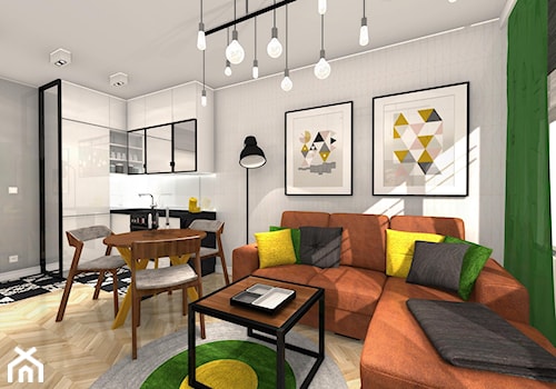 Projekt żółto-zielony - Średni szary salon z kuchnią z jadalnią, styl nowoczesny - zdjęcie od Alicja Dudek Pracownia Architektury Wnętrz