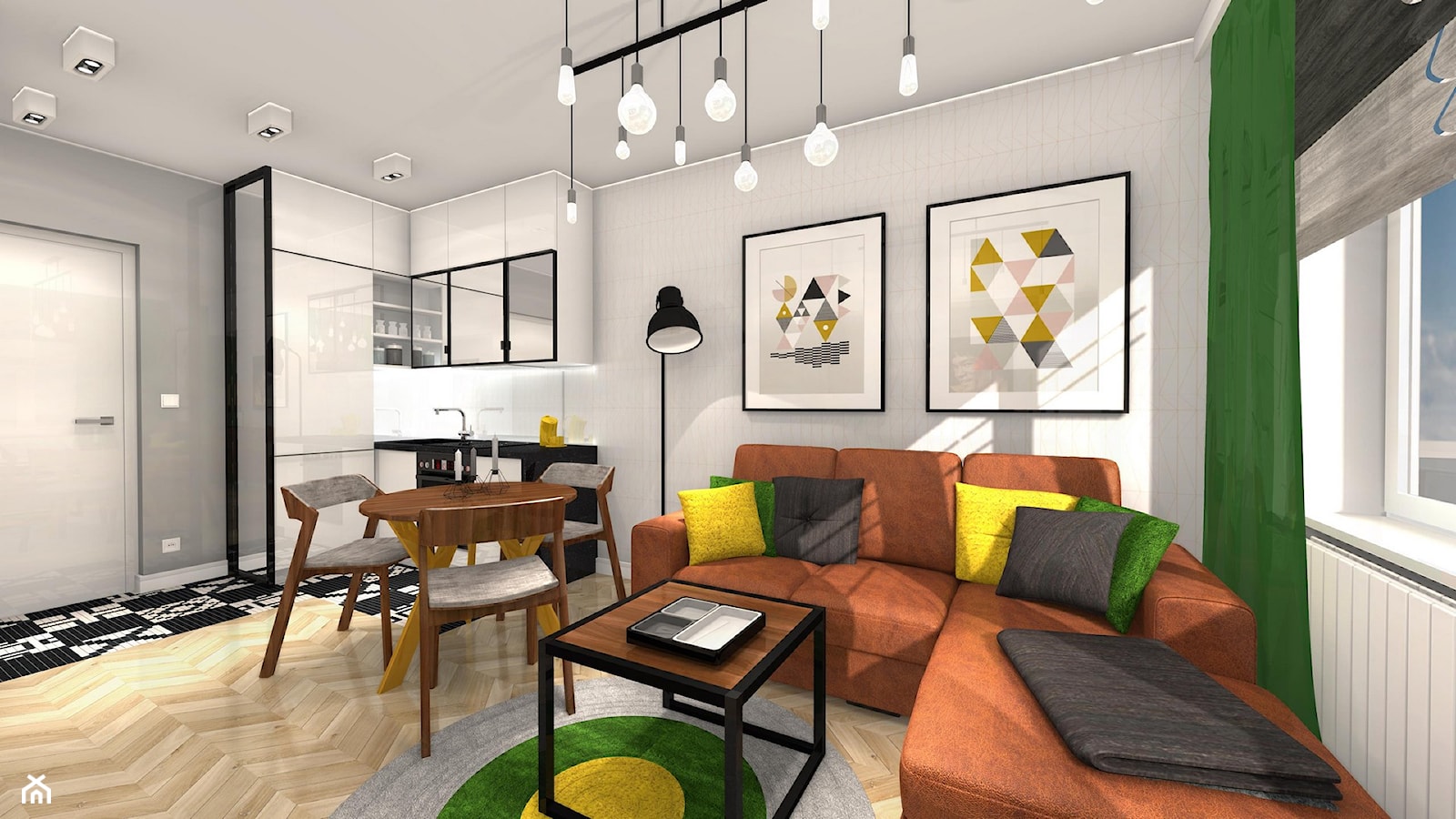 Projekt żółto-zielony - Średni szary salon z kuchnią z jadalnią, styl nowoczesny - zdjęcie od Alicja Dudek Pracownia Architektury Wnętrz - Homebook