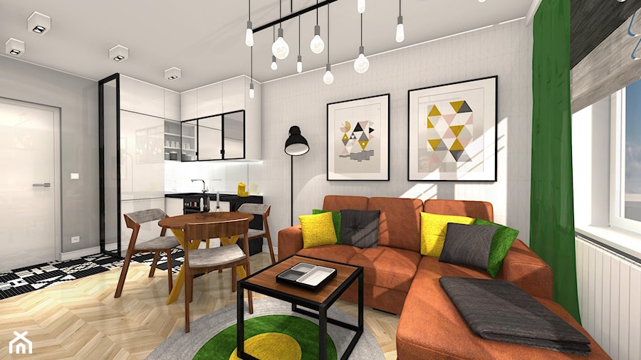 Projekt żółto-zielony - Średni szary salon z kuchnią z jadalnią, styl nowoczesny - zdjęcie od Alicja Dudek Pracownia Architektury Wnętrz