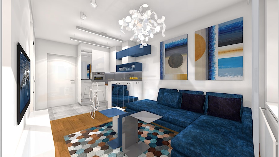 Projekt - sześciokąty - Mały biały salon z kuchnią, styl nowoczesny - zdjęcie od Alicja Dudek Pracownia Architektury Wnętrz