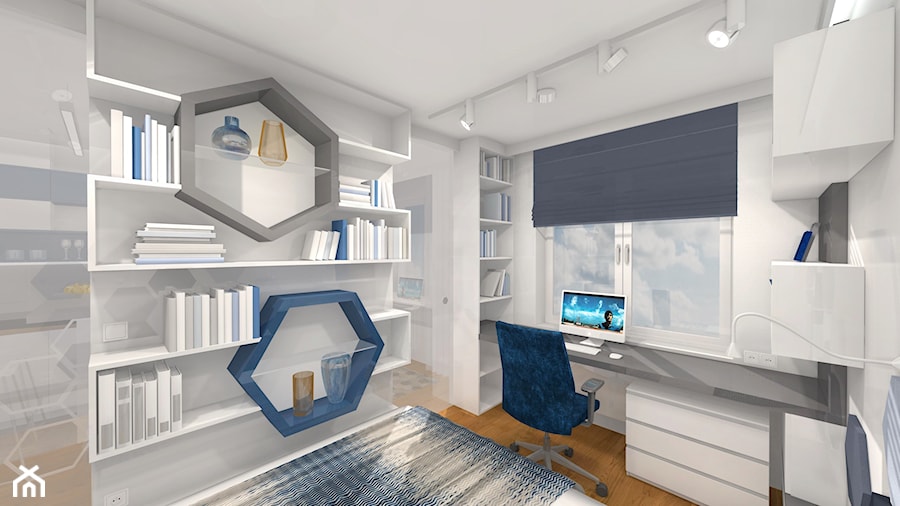 Projekt - sześciokąty - Biała z biurkiem sypialnia, styl nowoczesny - zdjęcie od Alicja Dudek Pracownia Architektury Wnętrz