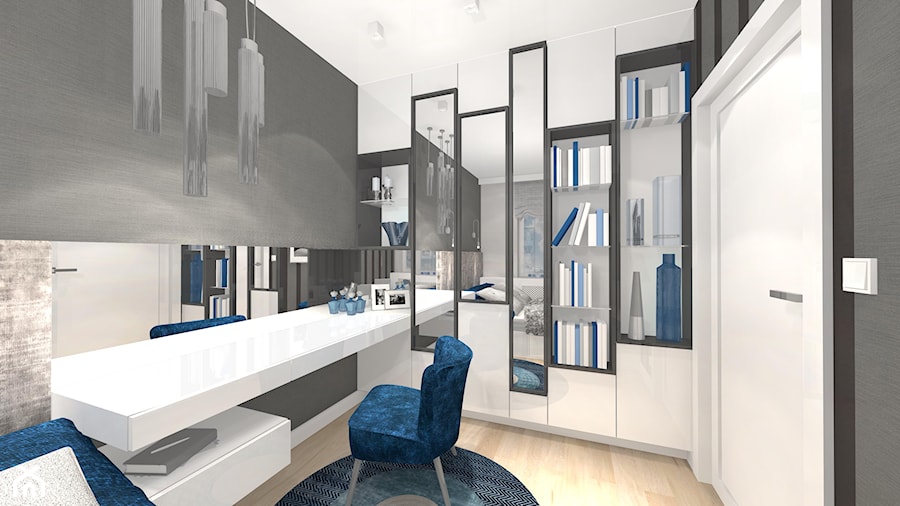 Projekt Modern Art Deco - Średnia biała szara z biurkiem sypialnia, styl glamour - zdjęcie od Alicja Dudek Pracownia Architektury Wnętrz