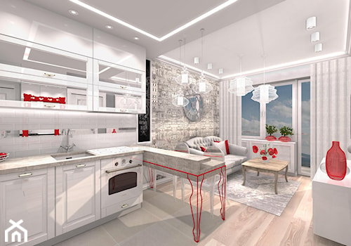 Projekt klasyczny - czerwony - Mała otwarta z salonem biała z zabudowaną lodówką z podblatowym zlewozmywakiem kuchnia w kształcie litery l, styl tradycyjny - zdjęcie od Alicja Dudek Pracownia Architektury Wnętrz