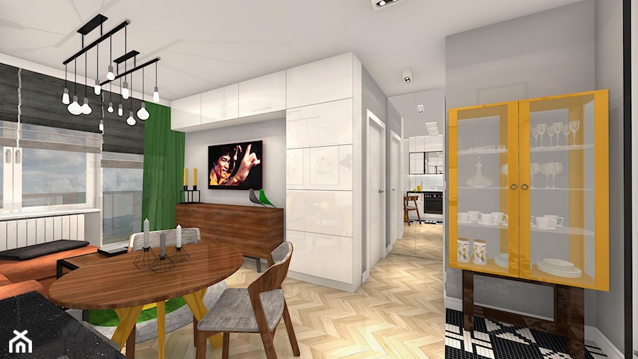 Projekt żółto-zielony - Średni szary salon z jadalnią z tarasem / balkonem z barkiem, styl nowoczesny - zdjęcie od Alicja Dudek Pracownia Architektury Wnętrz