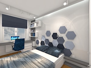 Projekt - sześciokąty - Średnia biała szara z biurkiem z panelami tapicerowanymi sypialnia, styl nowoczesny - zdjęcie od Alicja Dudek Pracownia Architektury Wnętrz