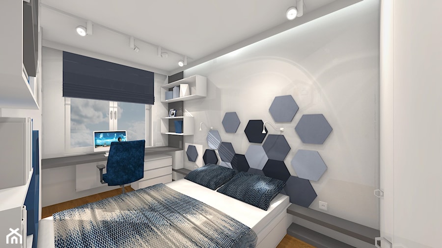 Projekt - sześciokąty - Średnia biała szara z biurkiem z panelami tapicerowanymi sypialnia, styl nowoczesny - zdjęcie od Alicja Dudek Pracownia Architektury Wnętrz