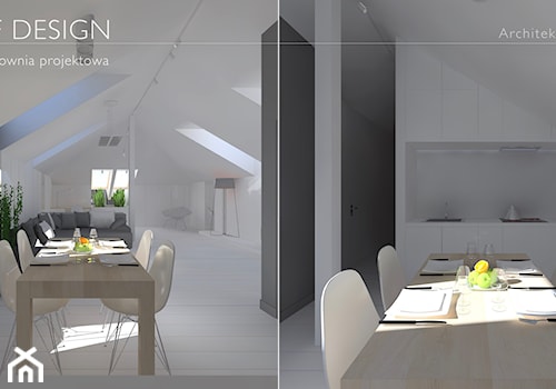 Minimalistyczne poddasze - Mała otwarta z salonem biała z zabudowaną lodówką kuchnia jednorzędowa, styl minimalistyczny - zdjęcie od BRAF Design