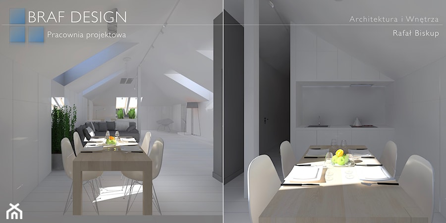 Minimalistyczne poddasze - Mała otwarta z salonem biała z zabudowaną lodówką kuchnia jednorzędowa, styl minimalistyczny - zdjęcie od BRAF Design