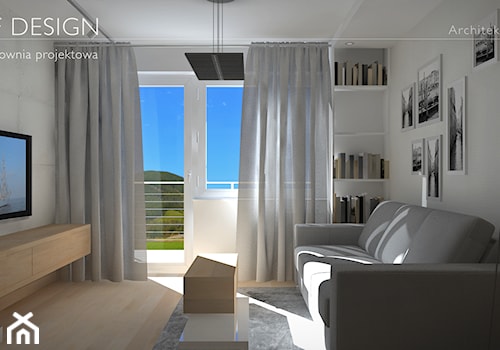 "Mieszkanie w bloku" - Mały biały salon z tarasem / balkonem z bibiloteczką, styl nowoczesny - zdjęcie od BRAF Design
