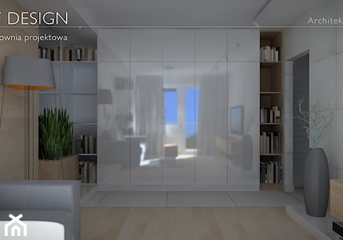 "Mieszkanie w bloku" - Mały biały salon z bibiloteczką, styl nowoczesny - zdjęcie od BRAF Design