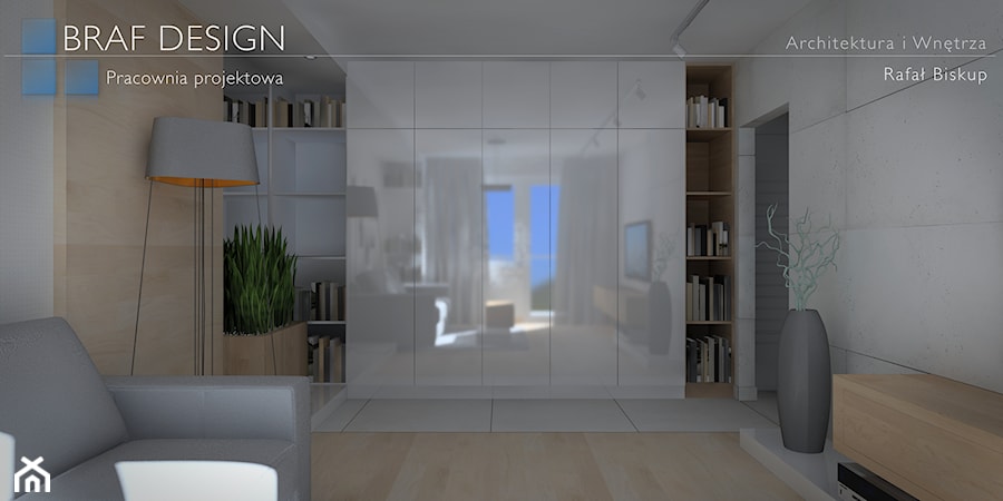 "Mieszkanie w bloku" - Mały biały salon z bibiloteczką, styl nowoczesny - zdjęcie od BRAF Design
