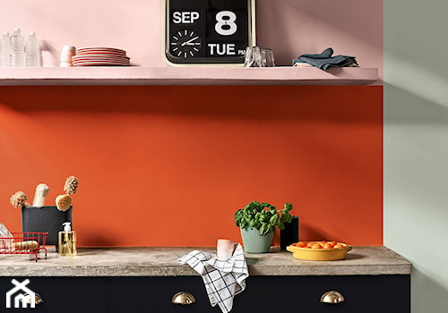 Kolor Roku 2020 - Mała otwarta z kamiennym blatem pomarańczowa szara kuchnia jednorzędowa, styl nowoczesny - zdjęcie od Dulux