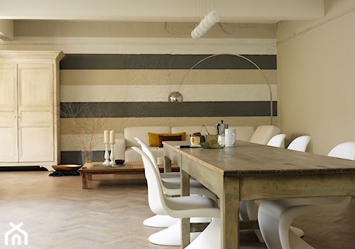 Szarości i skandynawia - Duży beżowy biały szary salon z jadalnią - zdjęcie od Dulux