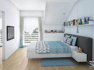 Wnętrze domu w zabudowie szeregowej - Ruda Śląska - Średnia biała niebieska sypialnia na poddaszu, styl nowoczesny - zdjęcie od RESE Architekci Studio Projektowe