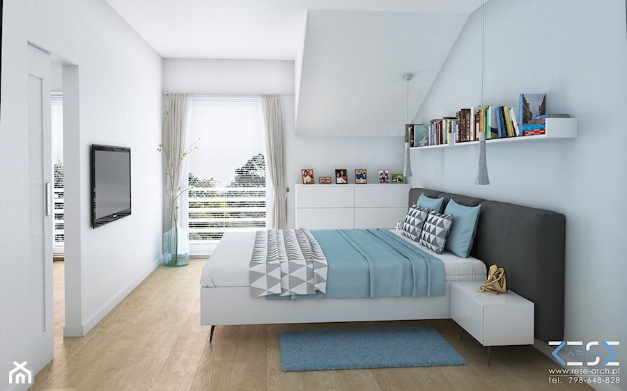 Wnętrze domu w zabudowie szeregowej - Ruda Śląska - Średnia biała niebieska sypialnia na poddaszu, styl nowoczesny - zdjęcie od RESE Architekci Studio Projektowe