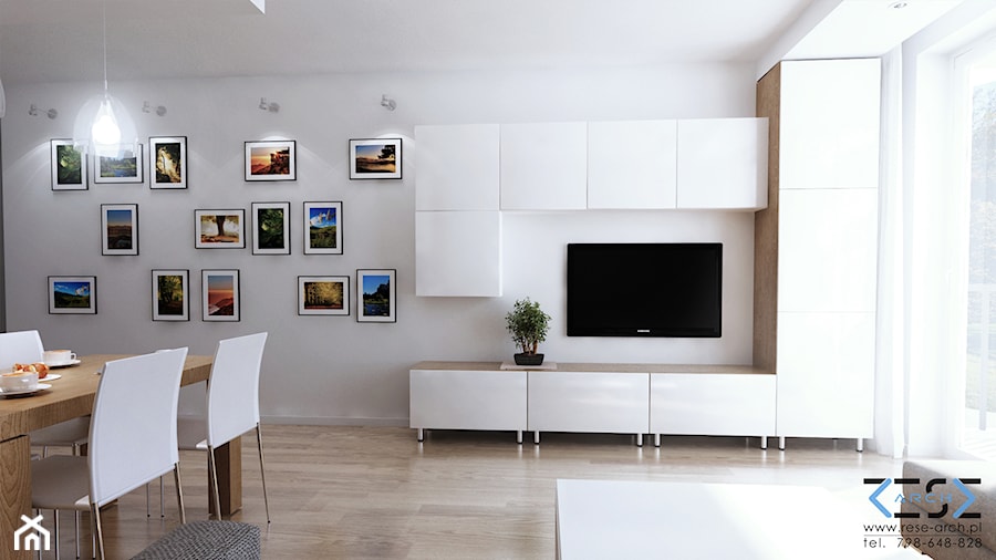 Projekt strefy dziennej i łazienki w mieszkaniu w Chorzowie - Mały biały salon z jadalnią, styl nowoczesny - zdjęcie od RESE Architekci Studio Projektowe